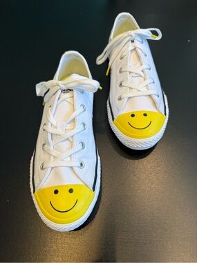 Converse White Sneakers with Yellow Smiley Toe Caps